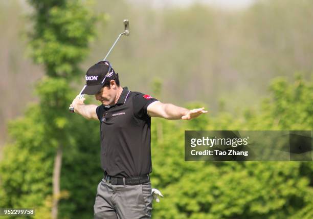 Ricardo Gouveia of Poland celebrates during the third round of the 2018 Volvo China open at Beijing Huairou Topwin Golf and Country Club on April 28,...