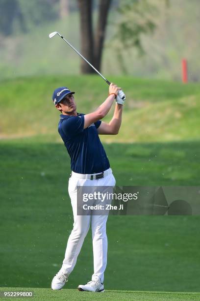 Nacho Elvira of Spain plays a shot during the day three of the 2018 Volvo China Open at Topwin Golf and Country Club on April 28, 2018 in Beijing,...