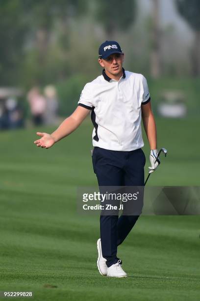 Matt Wallace of England plays a shot during the day three of the 2018 Volvo China Open at Topwin Golf and Country Club on April 28, 2018 in Beijing,...