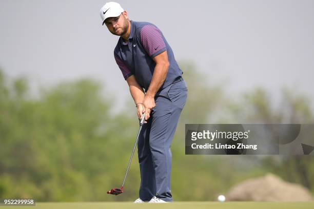 Jordan Smith of England plays a shot during the day three of the 2018 Volvo China Open at Topwin Golf and Country Club on April 28, 2018 in Beijing,...