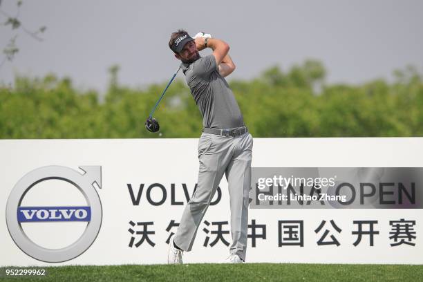 Scott Jamieson of Scotland plays a shot during the day three of the 2018 Volvo China Open at Topwin Golf and Country Club on April 28, 2018 in...