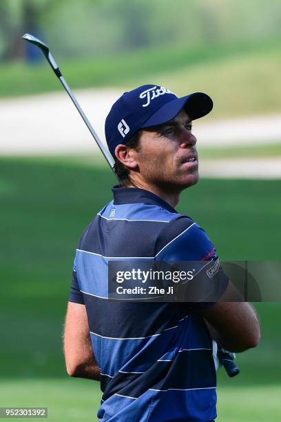 Julien Guerrier of France plays a shot during the day three of the 2018 Volvo China Open at Topwin Golf and Country Club on April 28, 2018 in...