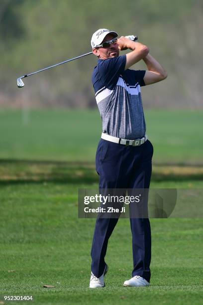 Jason Norris of Australia plays a shot during the day three of the 2018 Volvo China Open at Topwin Golf and Country Club on April 28, 2018 in...