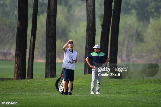 Jason Scrivener of Australia plays a shot during the day three of the 2018 Volvo China Open at Topwin Golf and Country Club on April 28, 2018 in...