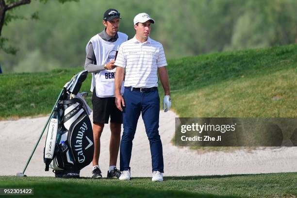 Nino Bertasio of Italy plays a shot during the day three of the 2018 Volvo China Open at Topwin Golf and Country Club on April 28, 2018 in Beijing,...