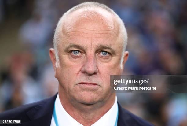 Sydney FC head coach Graham Arnold looks on during the A-League Semi Final match between Sydney FC and Melbourne Victory at Allianz Stadium on April...