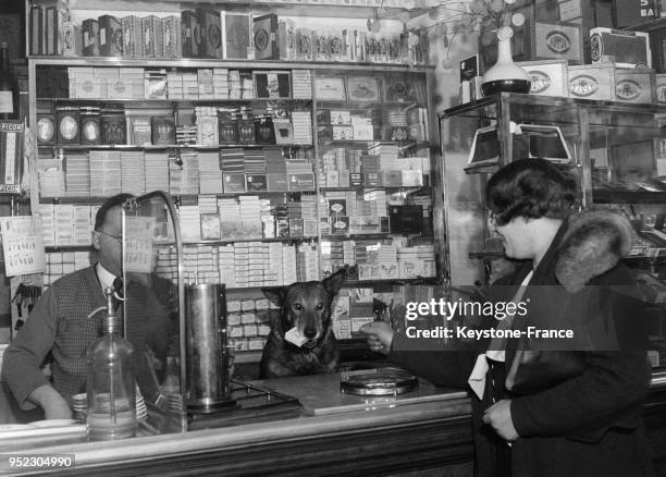 Chien servant des cigarettes à une cliente, à Paris, France en 1933.