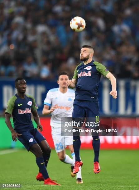 Valon Berisha of FC Red Bull Salzburg in action during the UEFA Europa League Semi Final First leg match between Olympique de Marseille and FC Red...