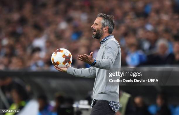 Marco Rose, manager of FC Red Bull Salzburg reacts during the UEFA Europa League Semi Final First leg match between Olympique de Marseille and FC Red...