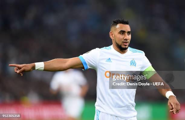 Dimitri Payet of Olympique de Marseille reacts during the UEFA Europa League Semi Final First leg match between Olympique de Marseille and FC Red...