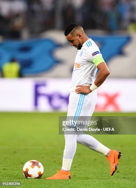 Dimitri Payet of Olympique de Marseille gets ready to take a free kick during the UEFA Europa League Semi Final First leg match between Olympique de...