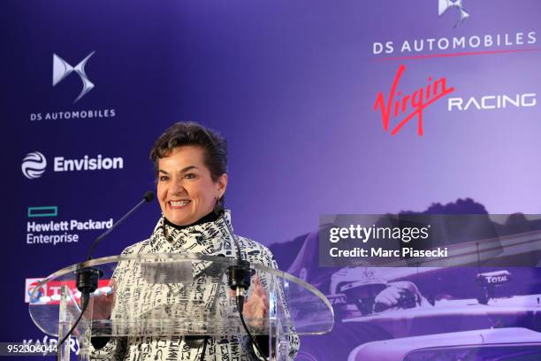 Christiana Figueres, Former UN Secretary, speaks during the DS Virgin Racing Paris Innovation Summit & Formula E-Prix on April 28, 2018 in Paris,...