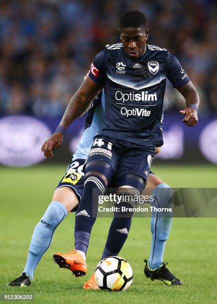 Leroy George of the Victory controls the ball during the A-League Semi Final match between Sydney FC and Melbourne Victory at Allianz Stadium on...