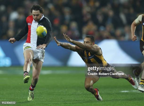 Jack Steven of the Saints kicks the ball during the Round six AFL match between the Hawthorn Hawks and the St Kilda Saints at University of Tasmania...