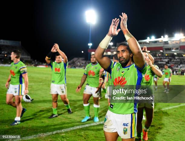 Iosia Soliola of the Raiders waves to the crowd after winning the round eight NRL match between the North Queensland Cowboys and the Canberra Raiders...