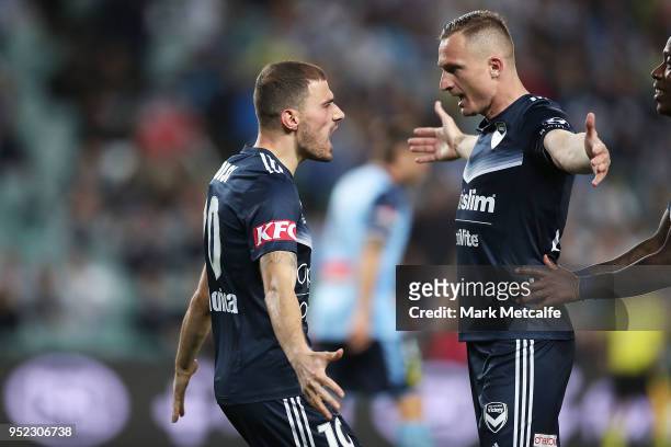 James Troisi of the Victory celebrates scoring a goal during the A-League Semi Final match between Sydney FC and Melbourne Victory at Allianz Stadium...