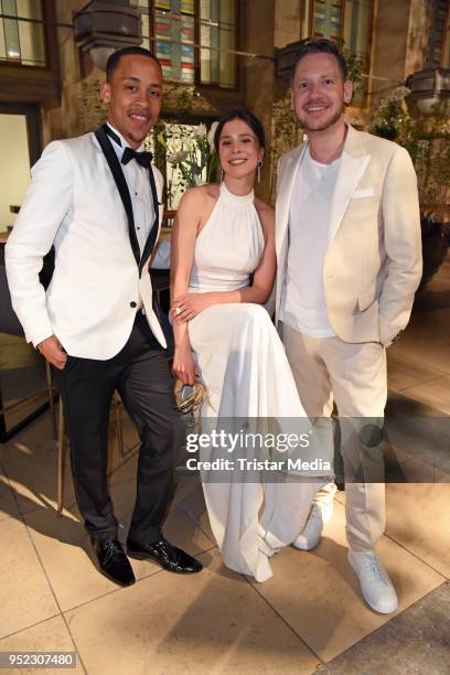 Jerry Hoffmann, Aylin Tezel and Marco Kreuzpaintner attend the Lola - German Film Award party at Palais am Funkturm on April 27, 2018 in Berlin,...