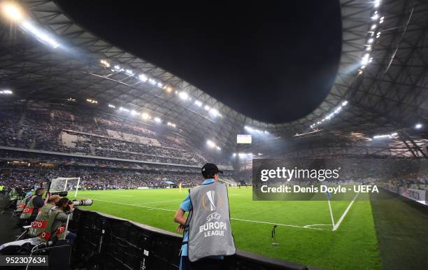 Ball boy looks on during the UEFA Europa League Semi Final First leg match between Olympique de Marseille and FC Red Bull Salzburg at Stade Velodrome...