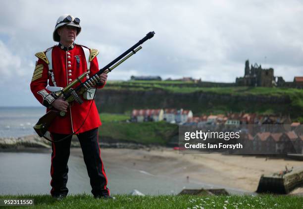 Brian Lowe from St Helens poses dressed in a Rourke's Drift style outfit during Whitby Gothic Weekend on April 28, 2018 in Whitby, England. The...