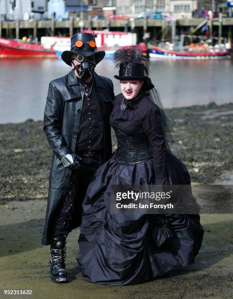 Alison Hartley and Graham Oldroyd from Wakefield pose as they attend the Whitby Gothic Weekend on April 28, 2018 in Whitby, England. The Whitby Goth...