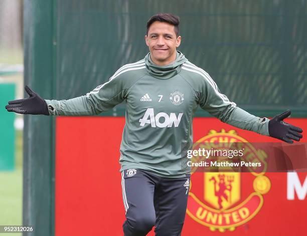Alexis Sanchez of Manchester United in action during a first team training session at Aon Training Complex on April 28, 2018 in Manchester, England.