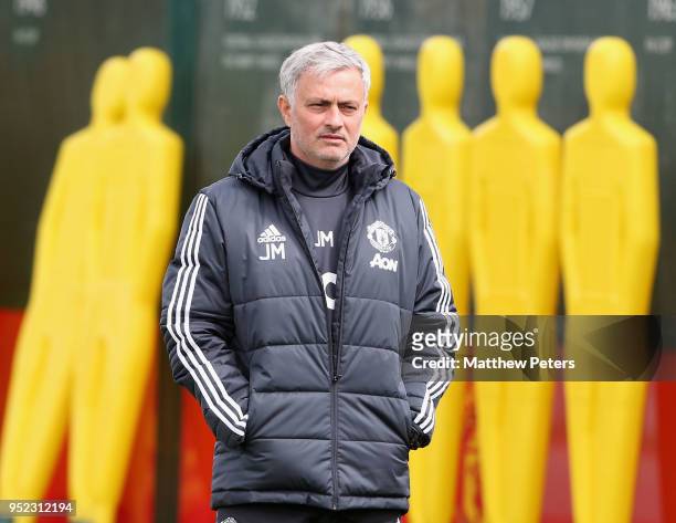Manager Jose Mourinho of Manchester United in action during a first team training session at Aon Training Complex on April 28, 2018 in Manchester,...