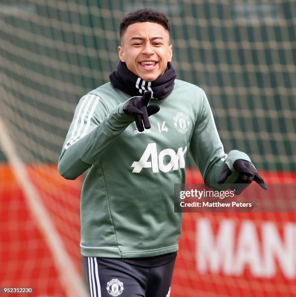 Jesse Lingard of Manchester United in action during a first team training session at Aon Training Complex on April 28, 2018 in Manchester, England.