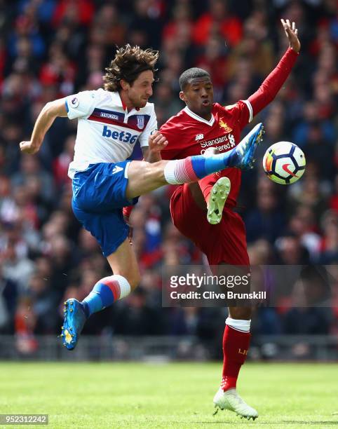 Georginio Wijnaldum of Liverpool and Joe Allen of Stoke City clash during the Premier League match between Liverpool and Stoke City at Anfield on...