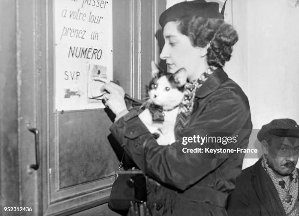 Une femme tenant dans ses bras un chat prend un numéro avant la consultation dans le dispensaire gratuit pour animaux malades à Paris, France le 3...