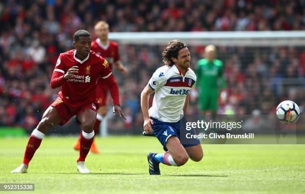 Georginio Wijnaldum of Liverpool and Joe Allen of Stoke City clash during the Premier League match between Liverpool and Stoke City at Anfield on...