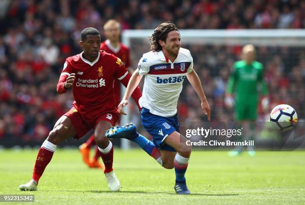 Georginio Wijnaldum of Liverpool and Joe Allen of Stoke City clash during the Premier League match between Liverpool and Stoke City at Anfield on...