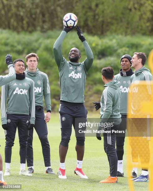 Jesse Lingard, Victor Lindelof, Romelu Lukaku and Marcus Rashford of Manchester United in action during a first team training session at Aon Training...