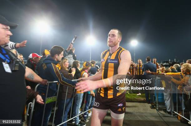 Jarryd Roughead of the Hawks acknowledges the fans after the Hawks defeated the Saints during the Round six AFL match between the Hawthorn Hawks and...