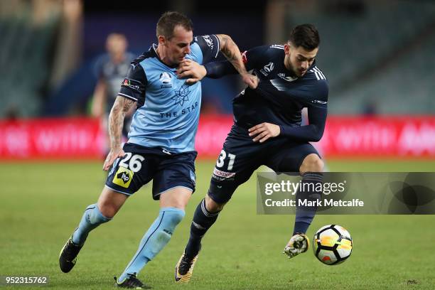 Christian Theoharous of the Victory controls the ball during the A-League Semi Final match between Sydney FC and Melbourne Victory at Allianz Stadium...