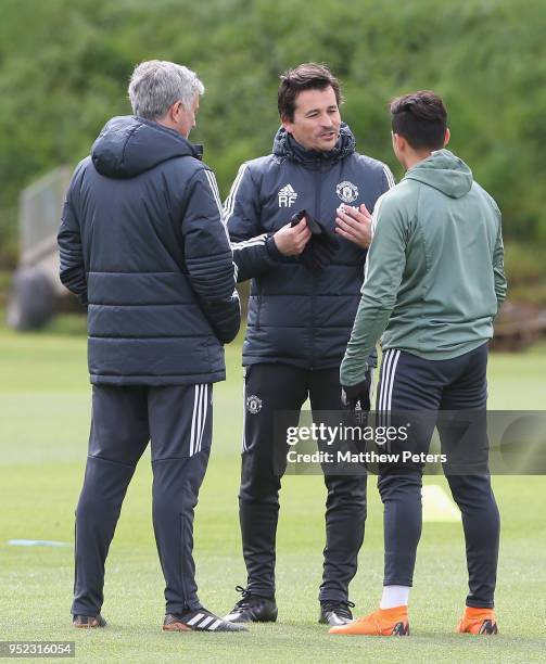 Alexis Sanchez, Assistant Manager Rui Faria and Manager Jose Mourinho of Manchester United in action during a first team training session at Aon...