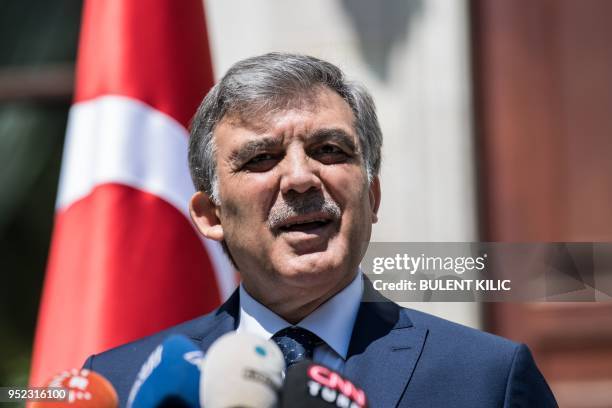 Former Turkish head of state Abdullah Gul speaks during a press conference on April 28 in Istanbul. - Gul on April 28, 2018 ruled out running for the...