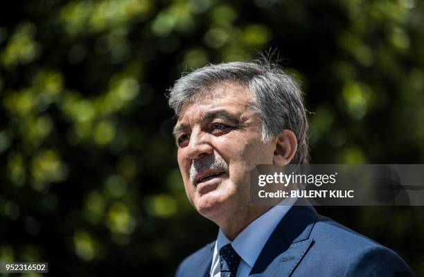 Former Turkish head of state Abdullah Gul speaks during a press conference on April 28 in Istanbul. Gul on April 28, 2018 ruled out running for the...