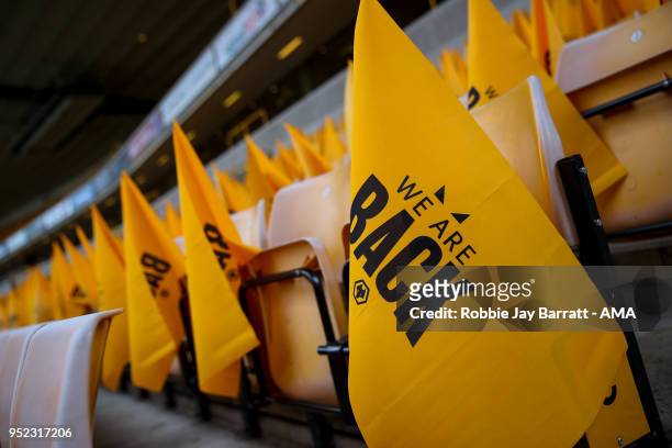 Flags which read We Are Back are seen prior to the Sky Bet Championship match between Wolverhampton Wanderers and Sheffield Wednesday at Molineux on...
