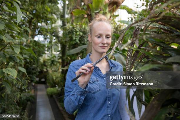 beautiful blond woman examining plant with tweezers in botanical garden - bióloga imagens e fotografias de stock