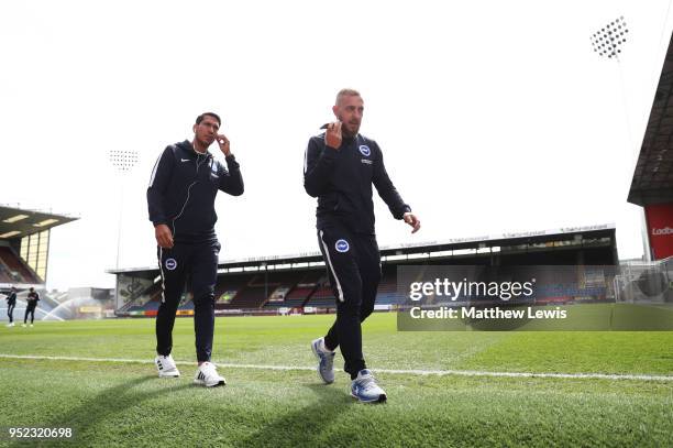 Leonardo Ulloa and Jiri Skalak of Brighton and Hove Albion walk on the pitch prior to the Premier League match between Burnley and Brighton and Hove...