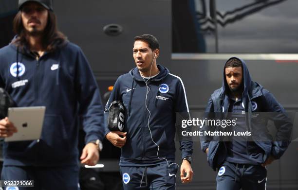 Leonardo Ulloa of Brighton and Hove Albion and team mates arrive at the stadium prior to the Premier League match between Burnley and Brighton and...