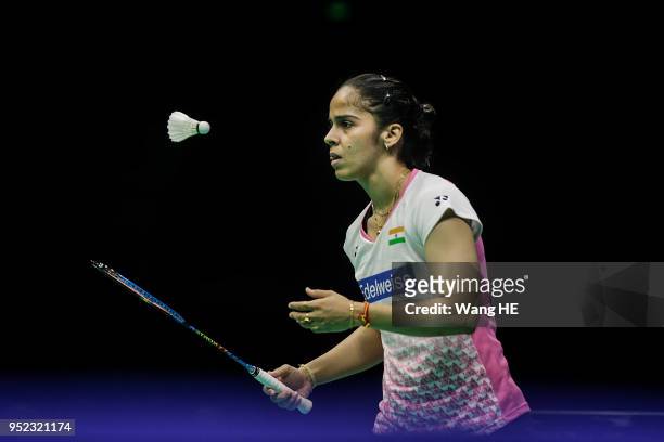 Saina Nehwal of India reacts during singles Semi final match against Tai Tzu Ying of Chinese Taipei at the 2018 Badminton Asia Championships on Apirl...
