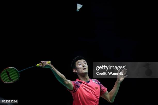 Chen Long of China hits a return during singles Semi final match against Prannoy H.S of India at the 2018 Badminton Asia Championships on Apirl 28,...