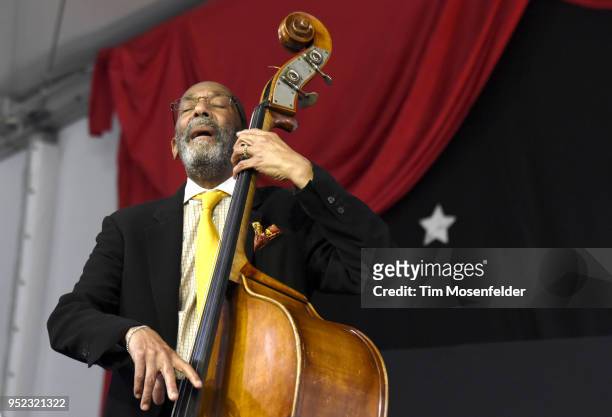 Ron Carter of the Ron Carter Trio performs during the 2018 New Orleans Jazz & Heritage Festival at Fair Grounds Race Course on April 27, 2018 in New...