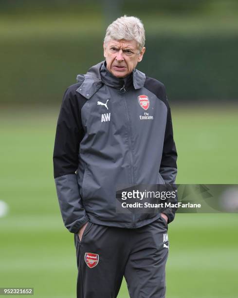 Arsenal manager Arsene Wenger during a training session at London Colney on April 28, 2018 in St Albans, England.