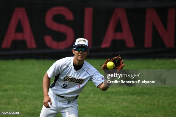 Yuto Nakajima of Japan plays during the final match between Japan and Philippines in the 10th Asian Men's Softball Championship on April 28, 2018 in...