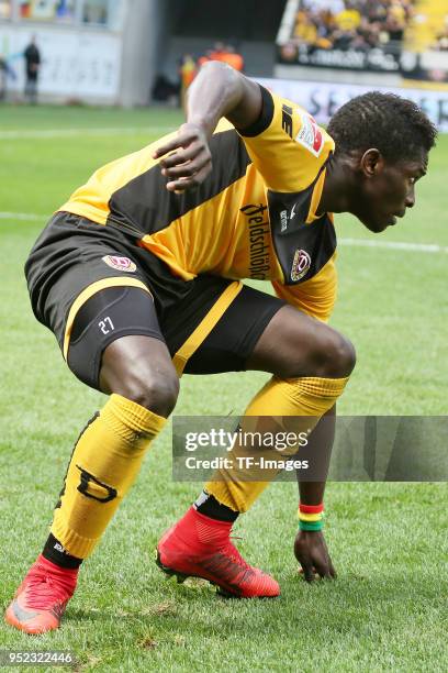 Moussa Kone of Dresden looks on during the Second Bundesliga match between SG Dynamo Dresden and Holstein Kiel at DDV-Stadion on April 14, 2018 in...