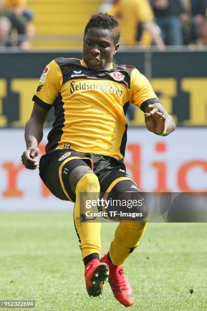 Moussa Kone of Dresden runs during the Second Bundesliga match between SG Dynamo Dresden and Holstein Kiel at DDV-Stadion on April 14, 2018 in...