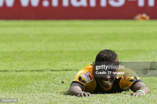 Moussa Kone of Dresden on the ground during the Second Bundesliga match between SG Dynamo Dresden and Holstein Kiel at DDV-Stadion on April 14, 2018...