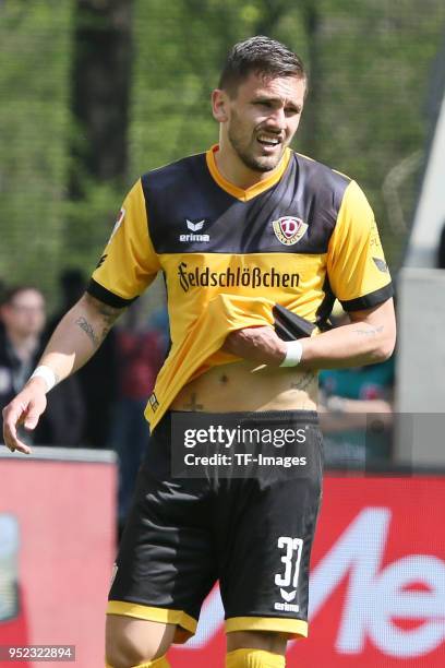 Pascal Testroet of Dresden looks on during the Second Bundesliga match between SG Dynamo Dresden and Holstein Kiel at DDV-Stadion on April 14, 2018...